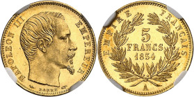 FRANCE
Second Empire / Napoléon III (1852-1870). 5 francs tête nue petit module, tranche lisse 1854, A, Paris.
NGC MS 65+ (5778821-008).
Av. NAPOLE...
