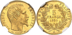 FRANCE
Second Empire / Napoléon III (1852-1870). 5 francs tête nue petit module, tranche lisse 1854, A, Paris.
NGC MS 65 (5790006-086).
Av. NAPOLEO...