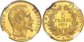 FRANCE
Second Empire / Napoléon III (1852-1870). 5 francs tête nue petit module, tranche lisse 1854, A, Paris.
NGC MS 64 (5790006-087).
Av. NAPOLEO...