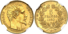 FRANCE
Second Empire / Napoléon III (1852-1870). 5 francs tête nue petit module, tranche cannelée 1854, A, Paris.
NGC MS 65 (2763651-023).
Av. NAPO...