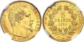 FRANCE
Second Empire / Napoléon III (1852-1870). 5 francs tête nue petit module, tranche cannelée 1854, A, Paris.
NGC MS 63 (5790006-085).
Av. NAPO...