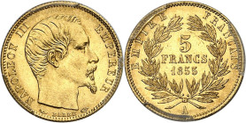 FRANCE
Second Empire / Napoléon III (1852-1870). 5 francs tête nue petit module, tranche cannelée 1855, A, Paris.
PCGS MS64 (35779332).
Av. NAPOLEO...