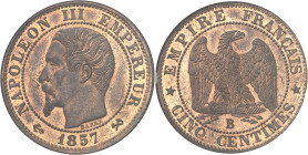 FRANCE
Second Empire / Napoléon III (1852-1870). Piéfort de cinq centimes tête nue, tranche cannelée 1857, B, Rouen.
NGC MS 66 (296641-002).
Av. NA...