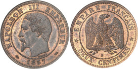 FRANCE
Second Empire / Napoléon III (1852-1870). Piéfort de deux centimes tête nue, tranche cannelée 1857, B, Rouen.
NGC MS 65 (Maz.1720a) (296641-0...