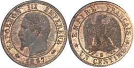 FRANCE
Second Empire / Napoléon III (1852-1870). Piéfort de un centime tête nue, tranche cannelée 1857, B, Rouen.
NGC MS 66 (296641-004).
Av. NAPOL...