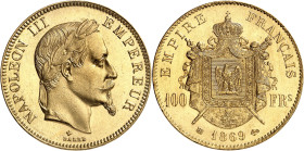 FRANCE
Second Empire / Napoléon III (1852-1870). 100 francs tête laurée 1869, BB, Strasbourg.
Av. NAPOLEON III EMPEREUR. Tête laurée à droite, au-de...