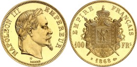 FRANCE
Second Empire / Napoléon III (1852-1870). Essai de 100 francs tête laurée, Flan bruni (PROOF) 1868, E, Paris.
PCGS SP66 (45859664).
Av. NAPO...