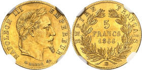 FRANCE
Second Empire / Napoléon III (1852-1870). 5 francs tête laurée 1866, BB, Strasbourg.
NGC MS 64 (3839950-037).
Av. NAPOLEON III EMPEREUR. Têt...