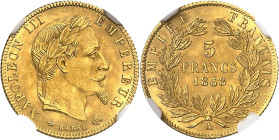 FRANCE
Second Empire / Napoléon III (1852-1870). 5 francs tête laurée 1868, A, Paris.
NGC MS 65+ (4684559-014).
Av. NAPOLEON III EMPEREUR. Tête lau...