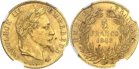FRANCE
Second Empire / Napoléon III (1852-1870). 5 francs tête laurée 1868, BB, Strasbourg.
NGC MS 64 (5788889-012).
Av. NAPOLEON III EMPEREUR. Têt...