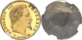 FRANCE
Second Empire / Napoléon III (1852-1870). Épreuve uniface d’avers de 5 francs tête laurée, en bronze doré, Flan bruni (PROOF) ND (1868), Paris...