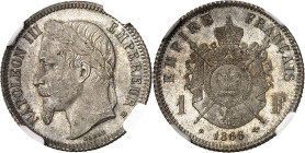 FRANCE
Second Empire / Napoléon III (1852-1870). 1 franc tête laurée 1866, BB, Strasbourg.
NGC MS 65 (1521567-014).
Av. NAPOLEON III EMPEREUR (atel...