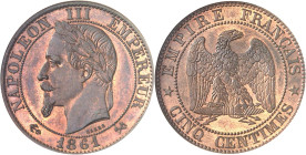 FRANCE
Second Empire / Napoléon III (1852-1870). Essai de cinq centimes tête laurée 1861, [B, Rouen].
NGC MS 65 (330443-007).
Av. NAPOLEON III EMPE...