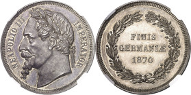 FRANCE
Second Empire / Napoléon III (1852-1870). Médaille monétiforme satirique au module de 5 francs, tranche striée 1870.
NGC MS 63 (6389235-006)....
