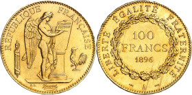 FRANCE
IIIe République (1870-1940). 100 francs Génie 1896, A, Paris.
Av. RÉPUBLIQUE FRANÇAISE. Génie ailé de la République debout à droite, gravant ...