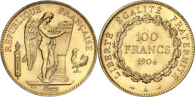FRANCE
IIIe République (1870-1940). 100 francs Génie 1904, A, Paris.
PCGS MS65+ (42323303).
Av. RÉPUBLIQUE FRANÇAISE. Génie ailé de la République d...