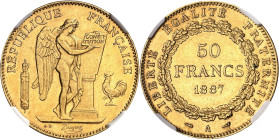 FRANCE
IIIe République (1870-1940). 50 francs Génie 1887, A, Paris.
NGC AU 58 (5790008-032).
Av. RÉPUBLIQUE FRANÇAISE. Génie ailé de la République ...