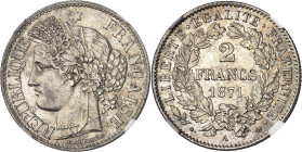 FRANCE
IIIe République (1870-1940). 2 francs Cérès 1871, A, Paris.
NGC MS 62 (5790006-104).
Av. RÉPUBLIQUE FRANÇAISE. Tête de la République à gauch...