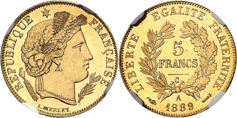 FRANCE
IIIe République (1870-1940). 5 francs Cérès, Flan bruni (PROOF) 1889, A,...