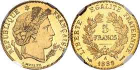 FRANCE
IIIe République (1870-1940). 5 francs Cérès, Flan bruni (PROOF) 1889, A, Paris [SOUS FACULTÉ DE RÉUNION].
NGC PF 65 CAMEO (5790014-010).
Av....