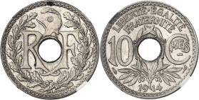 FRANCE
IIIe République (1870-1940). 10 centimes Lindauer, Cmes souligné 1914, Paris.
NGC MS 66 (5883937-017).
Av. RF autour du trou central surmont...