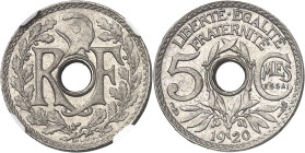 FRANCE
IIIe République (1870-1940). Essai-piéfort de 5 centimes Lindauer en cupro-nickel 1920, Paris.
NGC MS 64 (5883333-016).
Av. RF autour du tro...