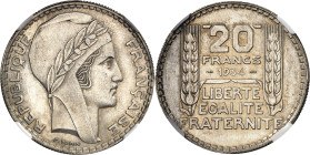 FRANCE
IIIe République (1870-1940). 20 francs Turin, essai de tranche avec six séries de 12, 13 ou 14 cannelures, alternées avec la tranche lisse 193...