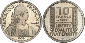 FRANCE
IIIe République (1870-1940). Essai de 10 francs Turin hybride 25 mm et poids 6,5 g 1929-1939, Paris.
PCGS SP65 (84672672).
Av. REPUBLIQUE FR...
