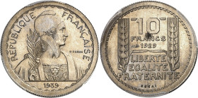 FRANCE
IIIe République (1870-1940). Essai de 10 francs Turin hybride 21 mm et poids 4,5 g 1929-1939, Paris.
PCGS SP65 (84672674).
Av. REPUBLIQUE FR...