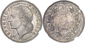 FRANCE
IIIe République (1870-1940). Essai de 5 francs Lavrillier en argent 1933, Paris.
NGC MS 63 (6389235-008).
Av. REPVBLIQVE FRANÇAISE. Tête lau...