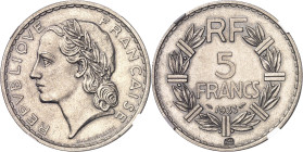 FRANCE
IIIe République (1870-1940). Essai de 5 francs Lavrillier en nickel, avec ESSAI et (corne) en creux 1933, Paris.
NGC MS 63 (6389235-007).
Av...
