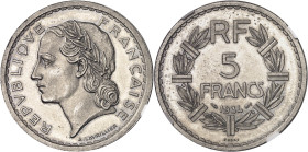 FRANCE
IIIe République (1870-1940). Essai de 5 francs Lavrillier en nickel 1934, Paris.
NGC MS 65 (6389235-009).
Av. REPVBLIQVE FRANÇAISE. Tête lau...