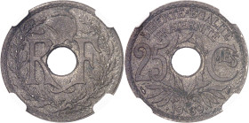 FRANCE
IIIe République (1870-1940). 25 centimes Lindauer, sur flan mince 1939, Paris.
NGC MS 62 (THIN FLAN) (5788889-024).
Av. RF autour du trou ce...