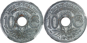 FRANCE
IIIe République (1870-1940). Épreuve de 10 centimes Lindauer, date avec points, double revers 1939, Paris.
PCGS SP63 (43135352).
Av. LIBERTE...