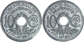 FRANCE
IIIe République (1870-1940). Épreuve de 10 centimes Lindauer, date avec points, double revers 1939, Paris.
PCGS SP64 (43135354).
Av. LIBERTE...