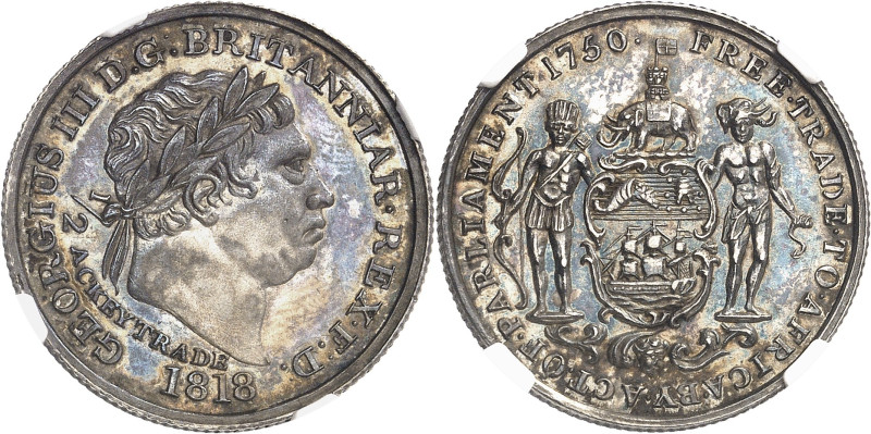 GHANA
Georges III (1760-1820). 1/2 Ackey, Flan bruni (PROOF) 1818.
NGC PF 64 (...