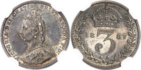 GRANDE-BRETAGNE
Victoria (1837-1901). 3 pence, jubilé de la Reine, Flan bruni (PROOF) 1887, Londres.
NGC PF 64 (5790102-001).
Av. VICTORIA DEI GRAT...