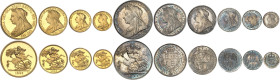 GRANDE-BRETAGNE
Victoria (1837-1901). Ensemble de 10 monnaies, de la 5 livres au 3 pence, au buste voilé (PROOF SET), Flan bruni (PROOF) 1893, Londre...