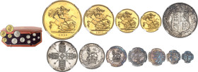 GRANDE-BRETAGNE
Georges V (1910-1936). Coffret, SPECIMEN COINS, avec 4 monnaies Or et 8 en Argent, Flans brunis (PROOF) 1911, Londres.
NGC PF 65 à 6...