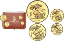GRANDE-BRETAGNE
Georges VI (1936-1952). Coffret Specimen coins, avec 1/2 souverain, 1 souverain, 2 livres et 5 livres, flans brunis (PROOF) 1937, Lon...