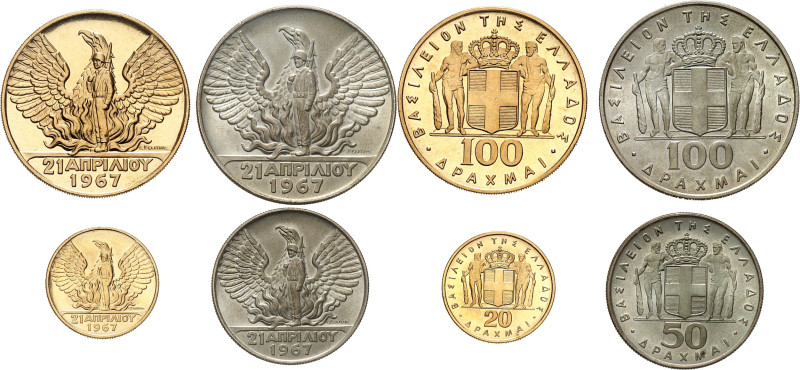 GRÈCE
Constantin II (1964-1973). Série de 4 monnaies, 50 et 10 drachmes argent,...