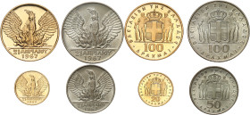 GRÈCE
Constantin II (1964-1973). Série de 4 monnaies, 50 et 10 drachmes argent, 20 et 100 drachmes Or, Coup d’état du 21 avril 1967 ND (1970).
Av. Β...