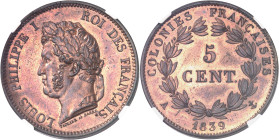 GUADELOUPE
Louis-Philippe Ier (1830-1848). 5 centimes, Flan bruni (PROOF) 1839, A, Paris.
NGC PF 65 BN (5790006-116).
Av. LOUIS PHILIPPE I - ROI DE...
