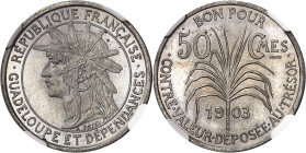 GUADELOUPE
IIIe République (1870-1940). Épreuve de 50 centimes (sans ESSAI), flan rond en argent, Frappe spéciale (SP) 1903, Paris.
NGC SP 66 (57900...
