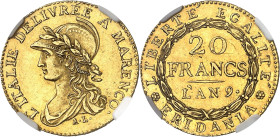 ITALIE
Gaule subalpine (1800-1802). 20 francs Marengo An 9 (1801), Turin.
NGC AU 58 (5787365-002).
Av. L'ITALIE DÉLIVRÉE À MARENCO. Buste drapé à g...