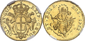 ITALIE
Gênes, République (1528-1797). 50 lire 1763/2, Gênes.
NGC MS 62 (5787362-004).
Av. DUX. ET. GUB. - REIP. GENU. Écu couronné et soutenu par d...