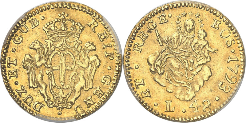 ITALIE
Gênes, République (1528-1797). 48 lire 1793, Gênes.
PCGS AU58 (44786907...