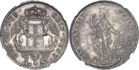 ITALIE
Gênes, République (1528-1797). 8 lire 1796, Gênes.
NGC MS 61 (5788890-052).
Av. DUX. ET. GUB. REIP. GENU. Écu couronné et soutenu par deux g...