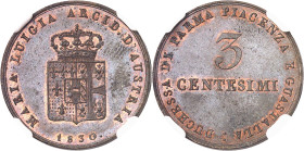 ITALIE
Parme, Marie-Louise (1815-1847). 3 centimes 1830, Milan.
NGC MS 64 BN (5883940-018).
Av. MARIA LUIGIA ARCID. D’AUSTRIA. Écu couronné ; au-de...
