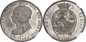 ITALIE
Parme, Robert Ier de Bourbon, régence de Marie-Louise (1854-1859). 5 lire 1858, Parme.
NGC MS 62 (5883935-019).
Av. ROBERTO I. D. DI PAR. PI...